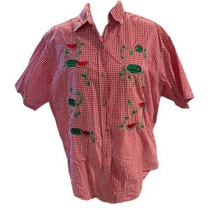 Vtg  90s Mandal Bay Gingham Embroidered‎ Fruit Shirt Size L/XL watermelon Picnic